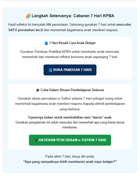 Contoh e-mel Langkah Seterusnya: Cabaran 7 Hari KPBA, dengan pautan Panduan 7 Hari dan percubaan e-Tuition 7 hari.