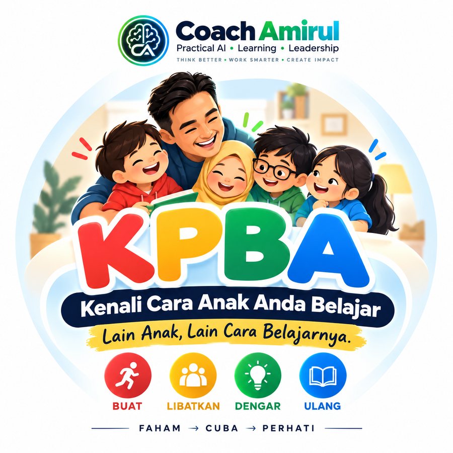 KPBA — Kenali Cara Anak Anda Belajar. Empat kecenderungan: Buat, Libatkan, Dengar, Ulang. Faham, Cuba, Perhati.